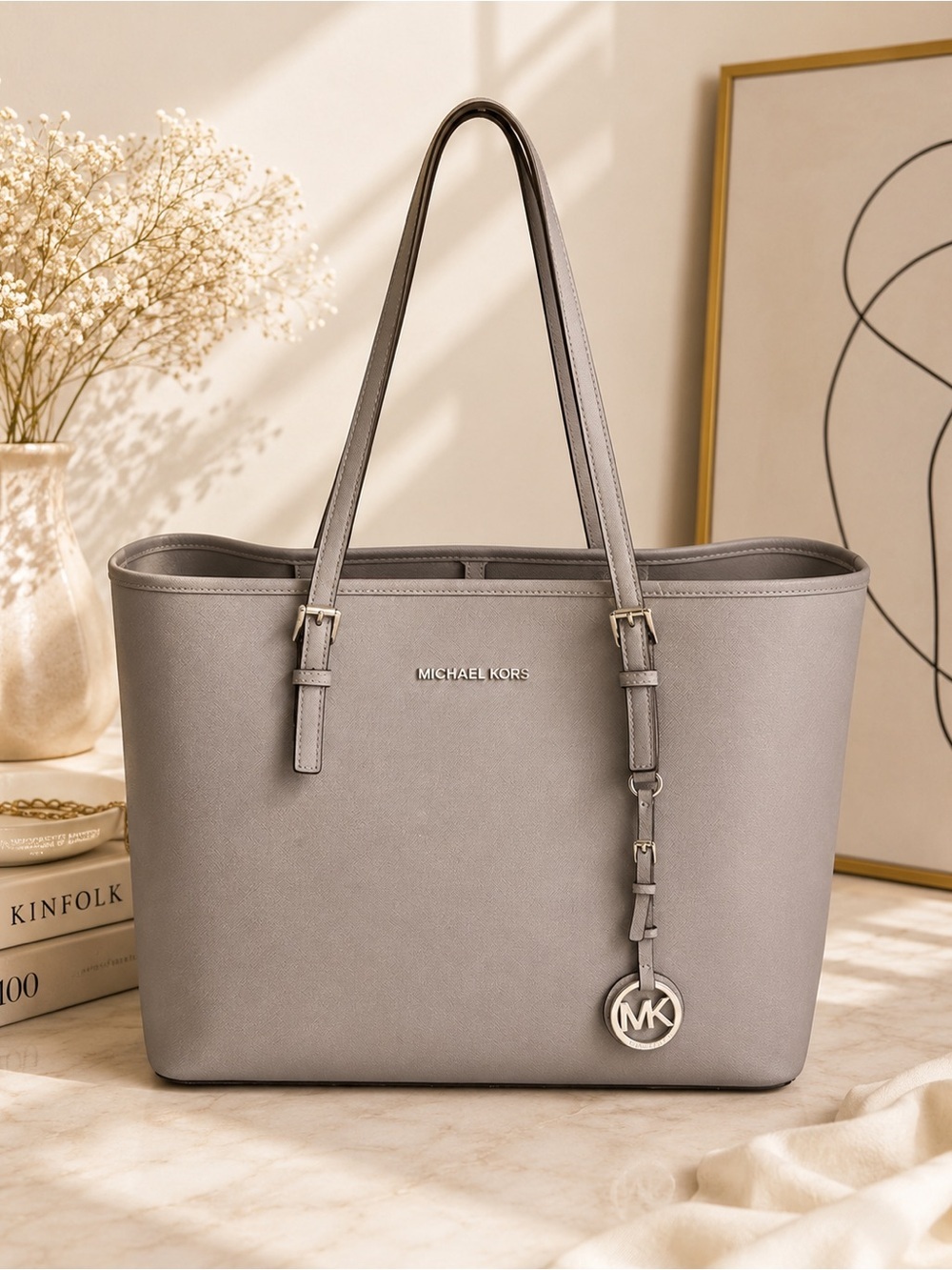 Michael Kors Jet Set Gray Saffiano Leather Tote Shoulder Bag structured